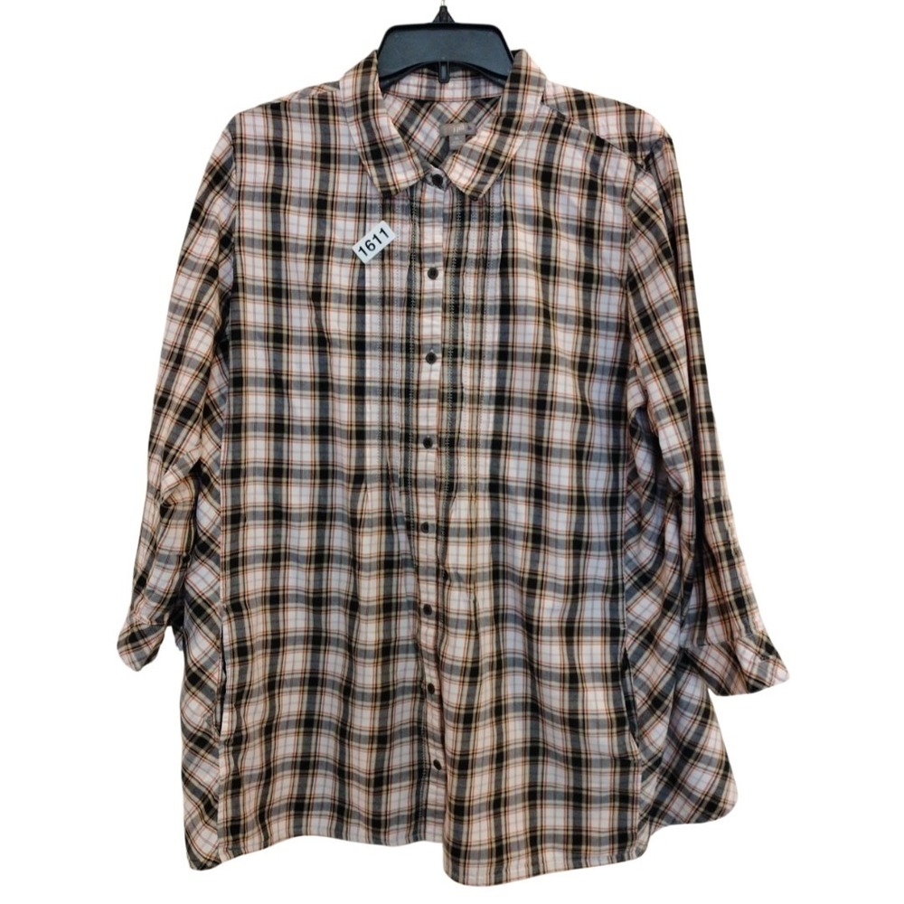 J Jill Tunic Shirt Women's XL White Black Orange Plaid Button Up Top Cotton